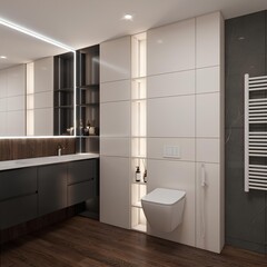 Modern bathroom interior with wall-mounted toilet, sleek black vanity, ambient lighting, built-in shelving, and wood flooring. Minimalist and stylish design