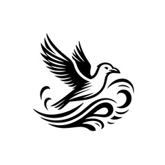 Obraz premium Stylized Black Bird Flying Over Abstract Waves.