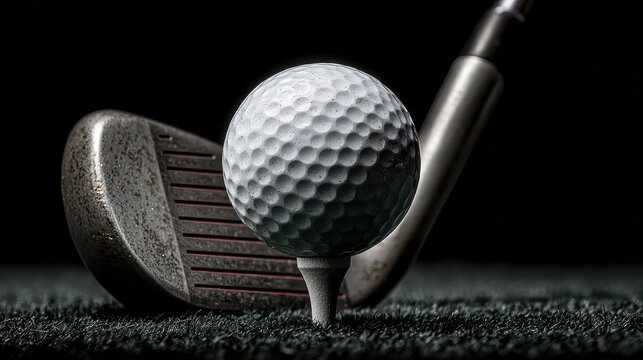 Golf ball is placed on tee with iron golf club behind it. Use this for sport marketing, golf lessons, or golfing equipment. - Powered by Adobe