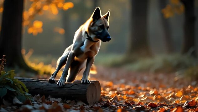 Irish wolfhound jumping gracefully over a log