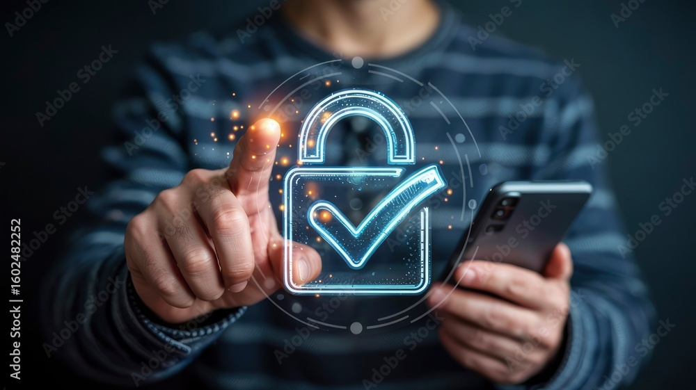Poster secure mobile access man activating digital lock on smartphone