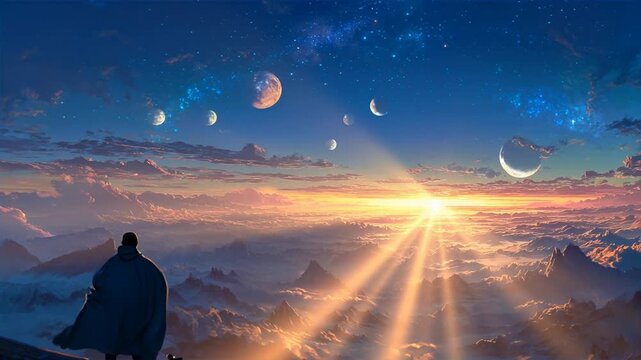 Amanecer celestial sobre monta&ntilde;as y templo con cielo de fantas&iacute;a &ndash; Animaci&oacute;n generada