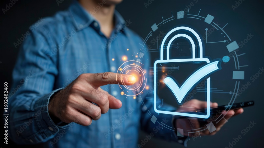 Poster secure data protection man interacting with digital lock and check mark hologram