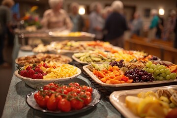 Obraz premium Buffet table laden with fresh fruit, vegetables, and savory dishes at event. Use it to illustrate catering, celebrations, or community gatherings.