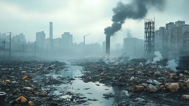Urban Decay: A city skyline shrouded in a heavy smog, a grim depiction of pollution, with towering factory smokestacks emitting toxic fumes, emphasizing the environmental impact.