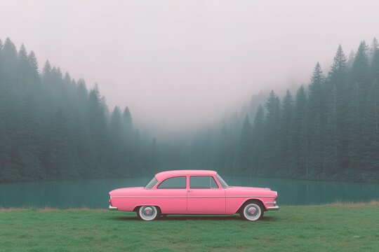 Fototapeta Misty morning tranquility with a vintage coupe near a serene lake