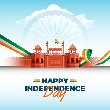 Happy Indian Independence Day Celebration Banner Design Template with Lal Qila Fort Illustration