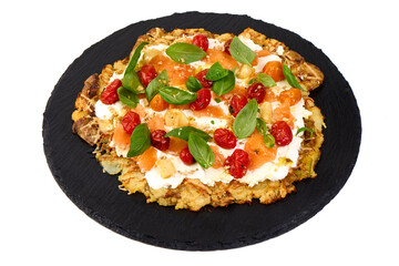 Potato Pizza with Smoked Salmon, Tomatoes, Basil, isolated on white background