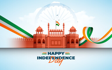 Happy Indian Independence Day Celebration Banner Design Template with Lal Qila Fort Illustration