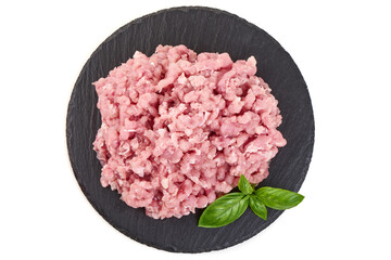 Minced Chicken meat with Basil Leaves, isolated on white background