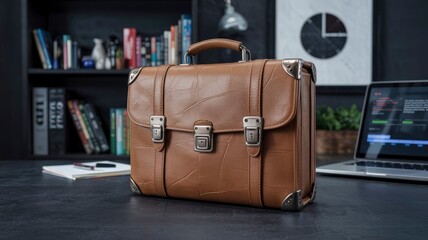 Vintage Brown Leather Briefcase on Desk with Laptop and Books
