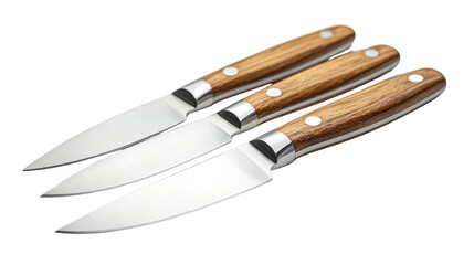 Sharp steel kitchen knives with a brown handle, isolated on a white background, are essential cooking tools