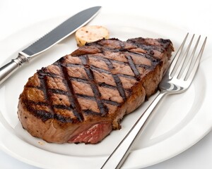 Grilled steak on a white plate with a knife and fork. The steak has grill marks and is juicy, showcasing a delicious meal.