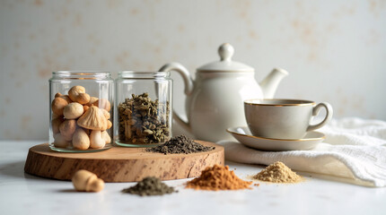 Fototapeta premium Clean studio arrangement with herbal powders, mushroom adaptogens, and teapot on wooden board — styled to represent brain wellness