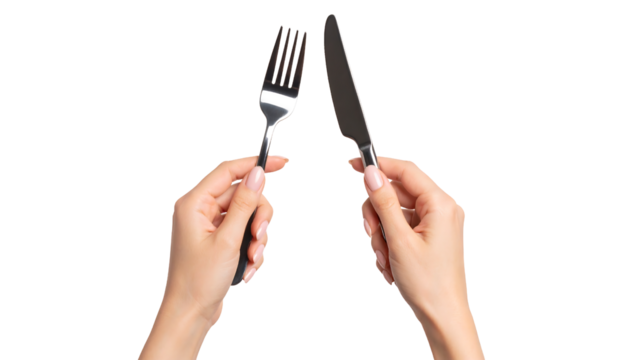 A pair of hands grasping dining cutlery, symbolizing mealtime.