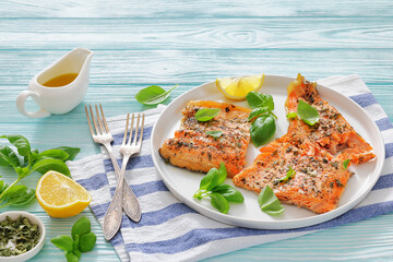 grilled salmon fillets with skin-on, top view