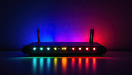 A modern router glows with vibrant, colorful lights