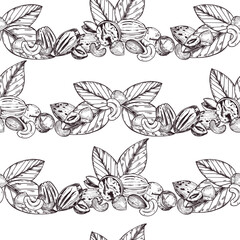 Seamless Vector Pattern, Macadamia Nuts, Walnut, Pecan, Cashew, Hazelnut, Tree Leaves. All objects are hand-drawn with ink. For printing on packaging, kitchen textiles, tableware and decor. Vector