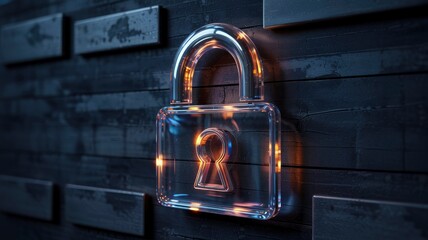 Glowing Glass Padlock on Dark Wooden Background - Cyber Security Concept