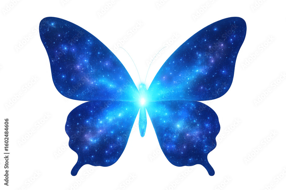 Poster iridescent blue butterfly wing displaying mesmerizing galaxy-like pattern, shimmering against transp