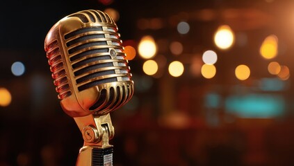 A vintage golden microphone stands ready on stage bathed in warm bokeh lights promising an evening of music and entertainment.