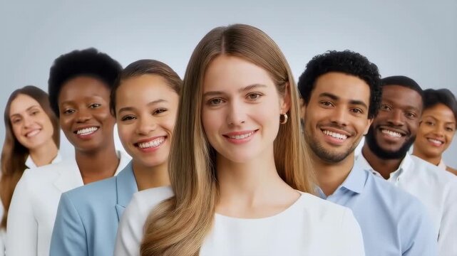 Diverse group of business people smiling in modern office, showcasing team unity and corporate diversity &ndash; concept of inclusivity and workplace harmony.