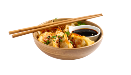 Golden-brown pan-fried gyoza (dumplings) are served in a bowl with a side of dark dipping sauce and chopsticks.