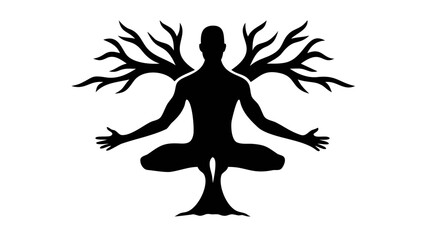 Inner Harmony: A silhouette embodies the fusion of human and nature, a meditative pose that evokes serenity. The individual, shaped like a tree with open arms represents grounding, wisdom.