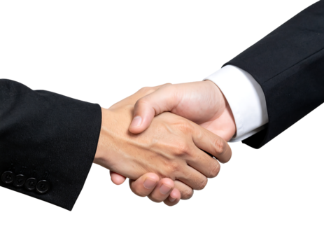 Two hands in business suits are clasped in a firm handshake, symbolizing agreement and partnership.