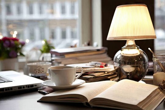 Cozy workspace with open book, laptop, and coffee