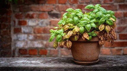 Basil plant is in a pot with green and some brown, dry leaves. Use this image to show the importance of plant care, gardening tips.