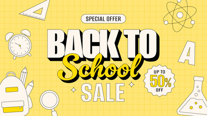 Back to school sale banner with school supplies on yellow grid background. Vector illustration