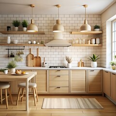 A bright and modern kitchen with light wood cabinets white subway tile backsplash and a dining table