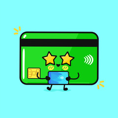 A cartoon credit card character holds a tablet, looking amazed on a blue backdrop.
