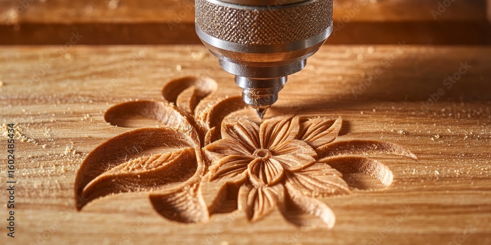 Poster advanced precision woodworking machine automating the creation of intricate floral patterns in wood