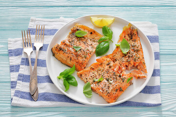 grilled salmon fillets with skin-on, top view