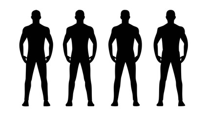Silhouette Collection of Confident Figures: A striking series of black silhouette figures stands confidently, providing a powerful visual for business or fitness, embodying strength.