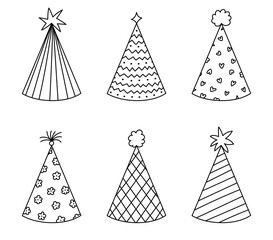 Lovely outline birthday party hat set with different ornament and pompons. Hand drawn doodle paper cone for festive occasion, Happy Birthday. New Year cap collection isolated on white background.