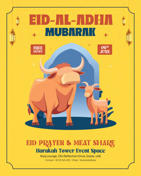 Eid Al-Adha Mubarak Instagram Post with Cartoon Cow and Goat