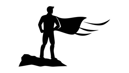 Superhero Silhouette: A strong silhouette of a superhero stands tall, cape billowing, set against a stark background, symbolizing power and protection.
