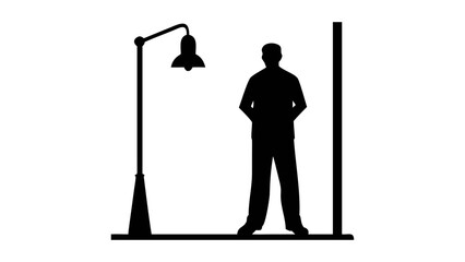 Night's Guardian Silhouette: A stark silhouette of a person standing beneath a vintage lamppost, casting a contemplative mood as the night draws near.