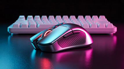 A close-up photograph of a silver and black gaming mouse with a red LED light effect