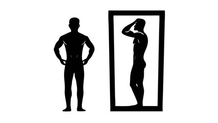 Reflection of the Self: A silhouette of a man stands confidently, gazing into a mirror, capturing the essence of self-reflection and body image in a striking visual.