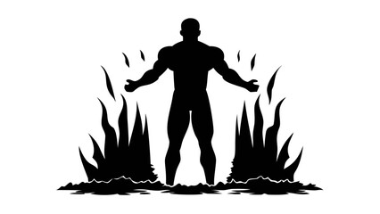 Silhouette of Power: A stark silhouette of a muscular figure, exuding strength and resolve, stands amidst stylized flames, capturing a sense of primal power and resilience.