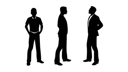 Men's Silhouette in Different Poses: Three men stand in silhouette, their forms distinct and stylish, showing varying angles of confidence and stature.