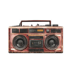 Vintage, weathered boombox.  Rusty, faded crimson-red exterior with dark accents.  Controls visible on front panel.  Classic 80s design