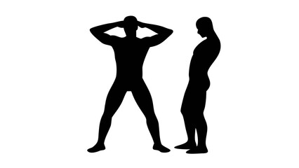 Silhouette Figures in Dynamic Poses: Two stylized human silhouettes present a compelling study in form and posture, striking powerful stances, their forms rendered in dramatic blacks.