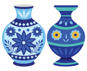 Two decorative vases with floral and geometric patterns in blue tones