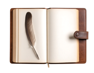 An open leather journal with blank pages and a quill pen, evoking a sense of writing and history.