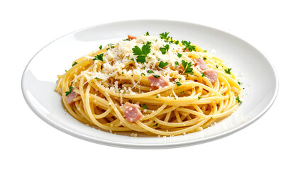 A generous plate of spaghetti carbonara, topped with grated Parmesan cheese, fresh parsley, and visible meat pieces.